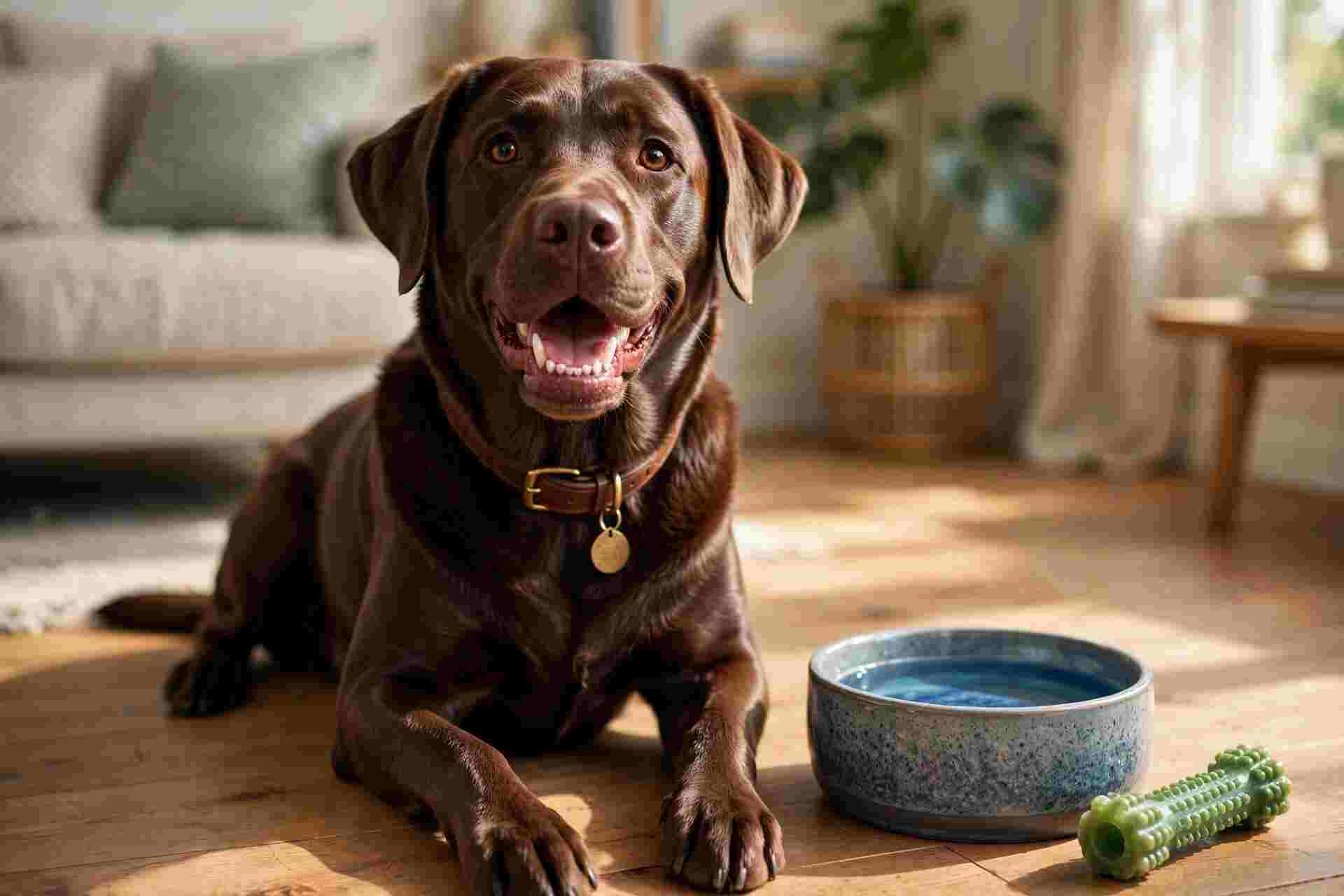 Chocolate Labrador smiling indoors with healthy teeth and a chew toy nearby