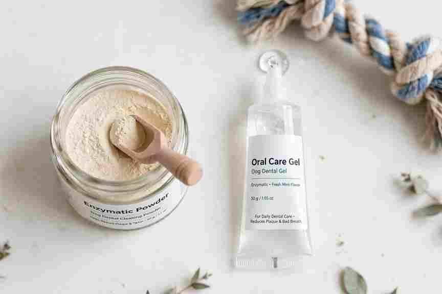 Enzymatic dental powder and oral care gel for dogs displayed side by side