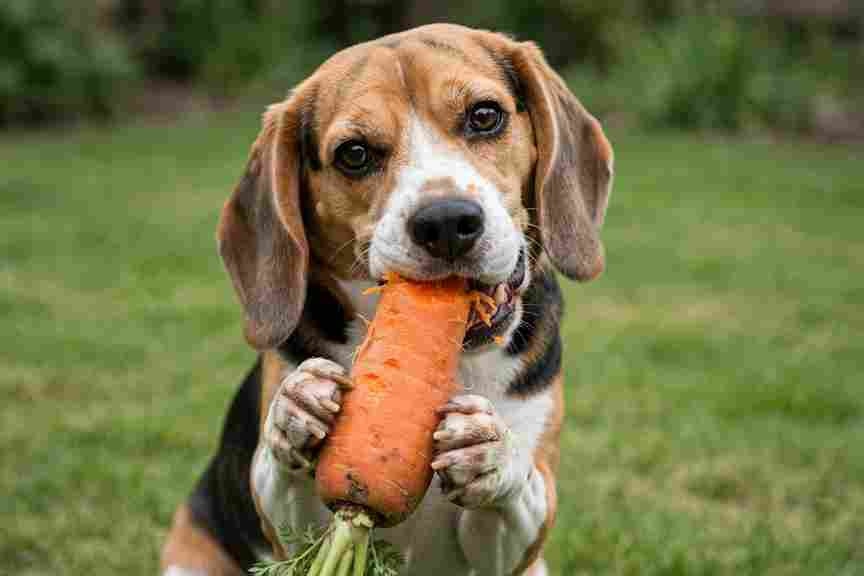 Beagle chewing on a raw carrot outdoors as a natural teeth-cleaning method